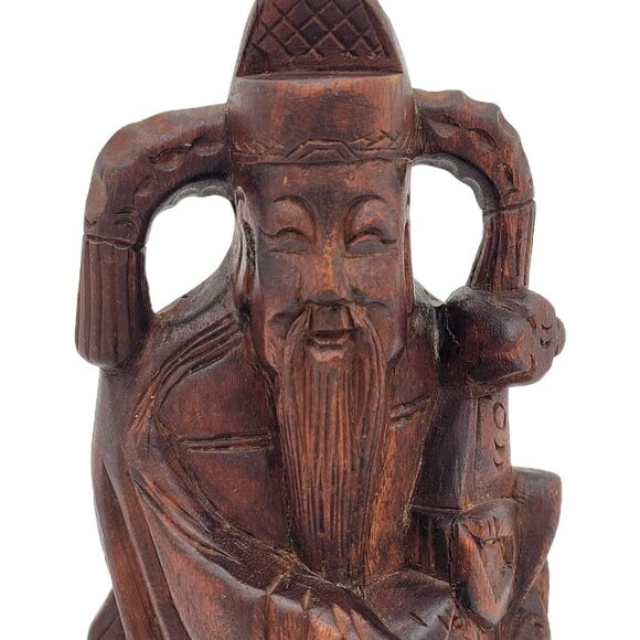 Vintage Chinese Hand Carved Wooden Asian Man Confusious Good Fortune 10" - Picture 2 of 9